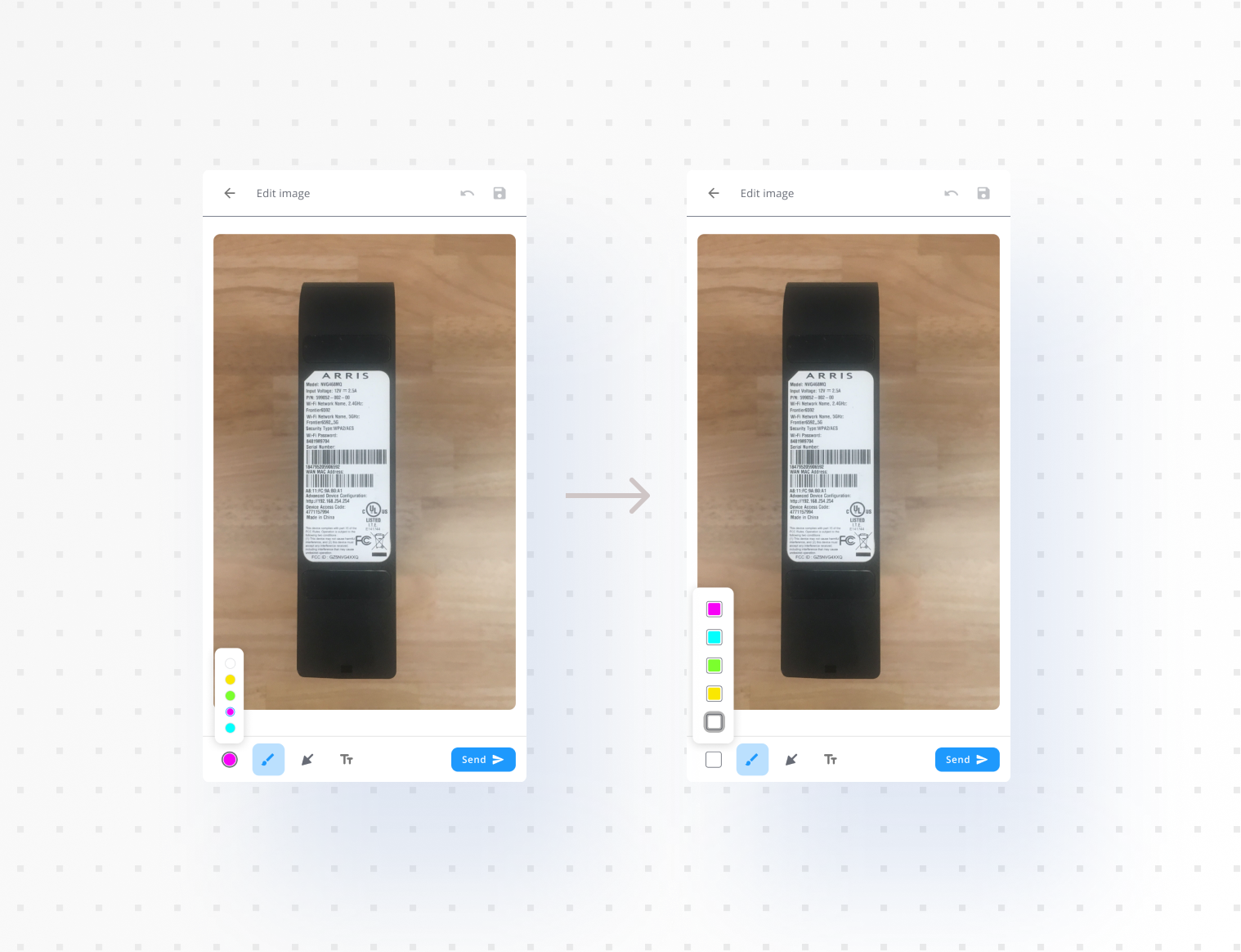 The annotation color buttons before and after testing: the small stacked swatches replaced with larger, easier-to-hit targets.